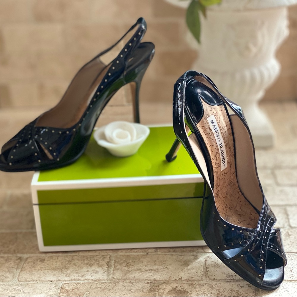 MANOLO BLAHNIK Black Open Toe Slingback Heels, Size 38